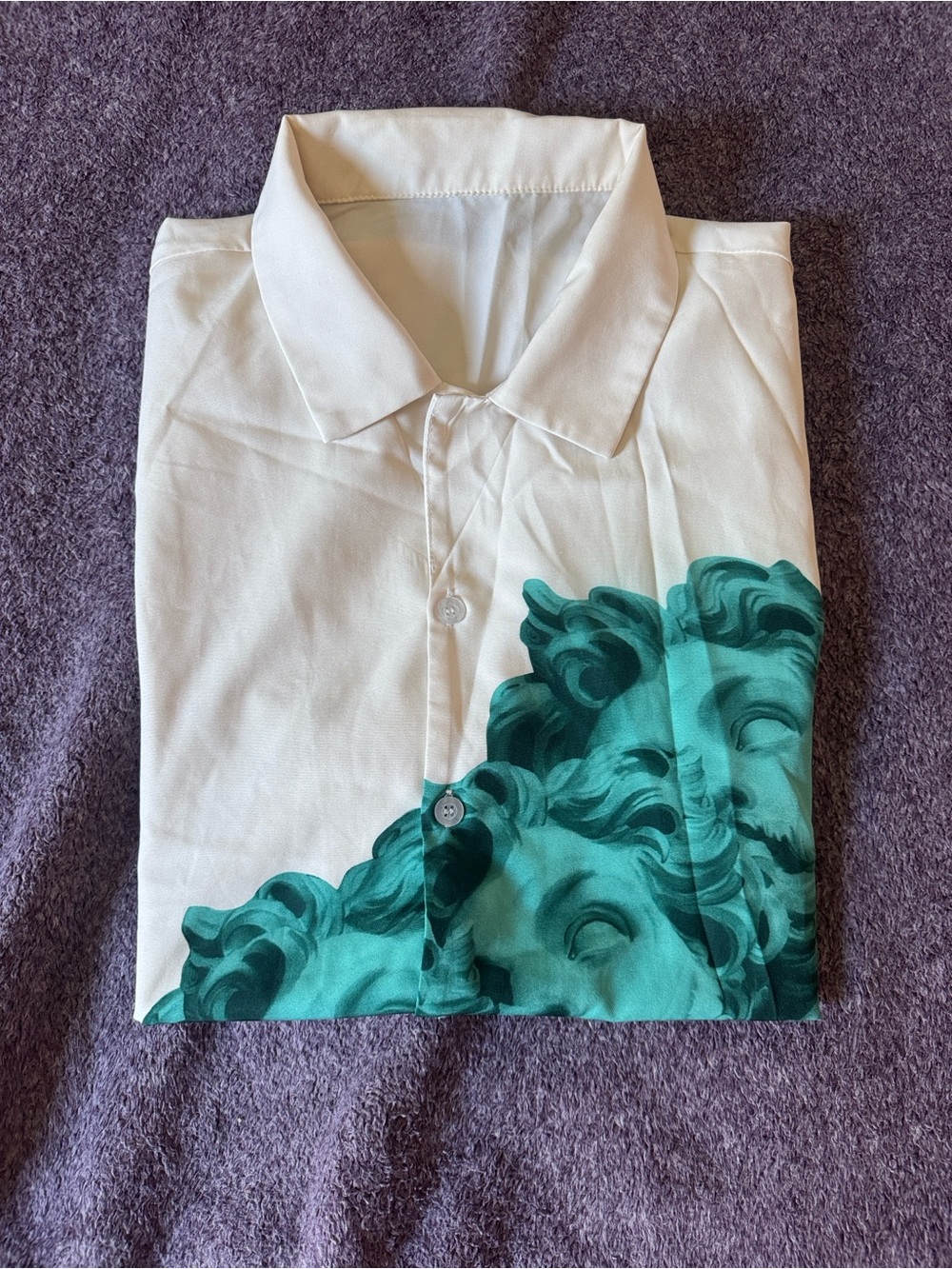 SHEIN Cream Button-Down Shirt with Teal Sculpture Print